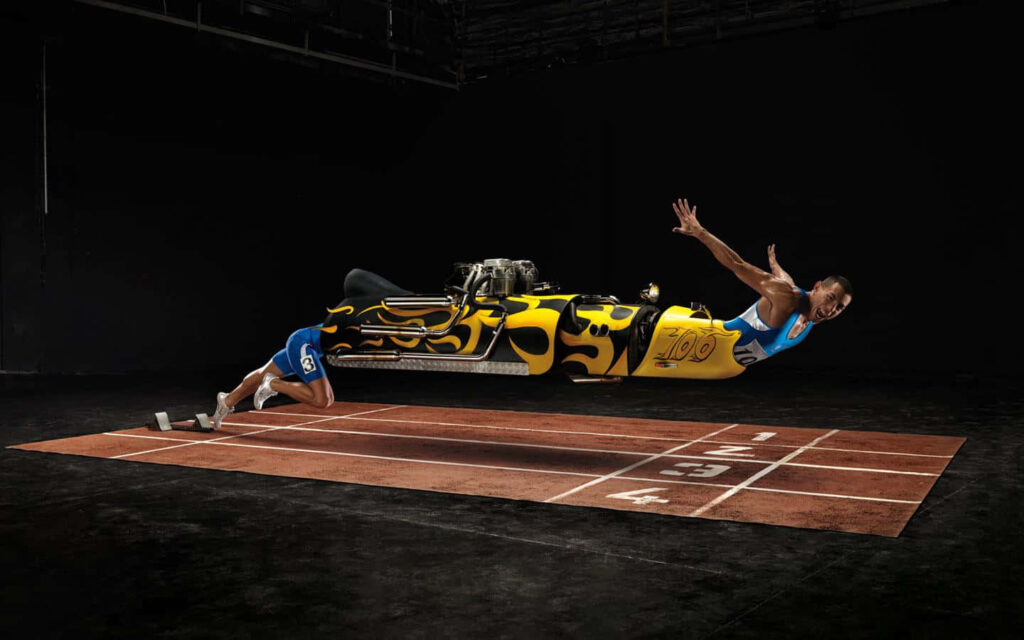 Futuristic Athlete Race: Dynamic Surreal Wallpaper with Intense Action