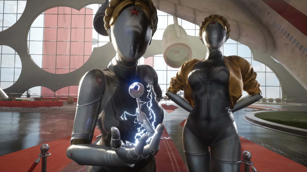 Two futuristic robotic hostesses Twins from Atomic Heart in high-tech lobby with glowing orb Wallpaper