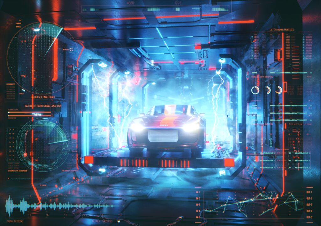 Futuristic Audi in High-Tech Garage - 5120x3600 Wallpaper