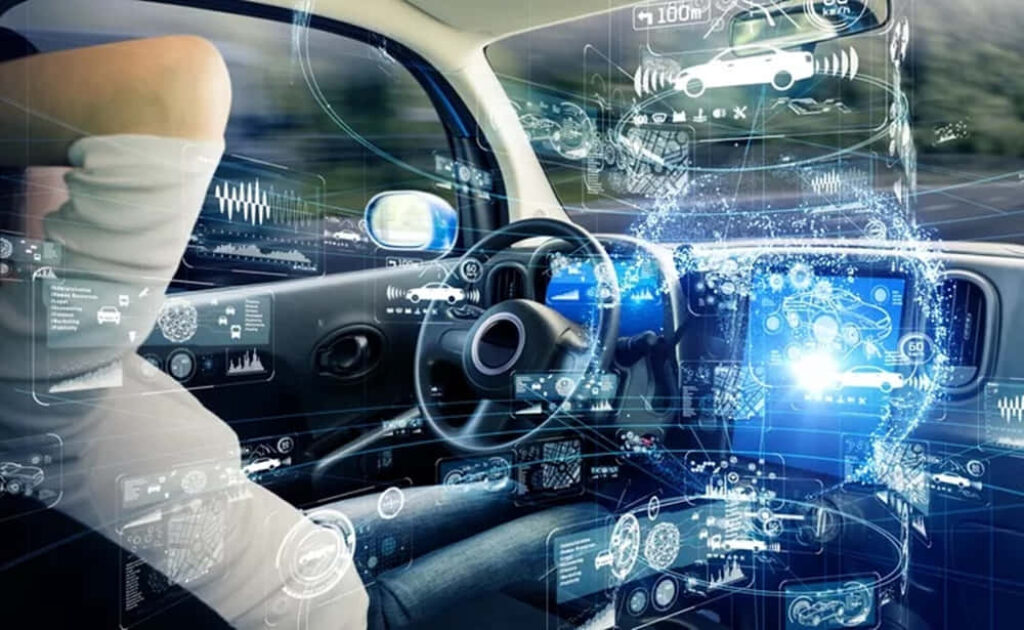 Futuristic Autonomous Vehicle Interior: Holographic Tech Wallpaper