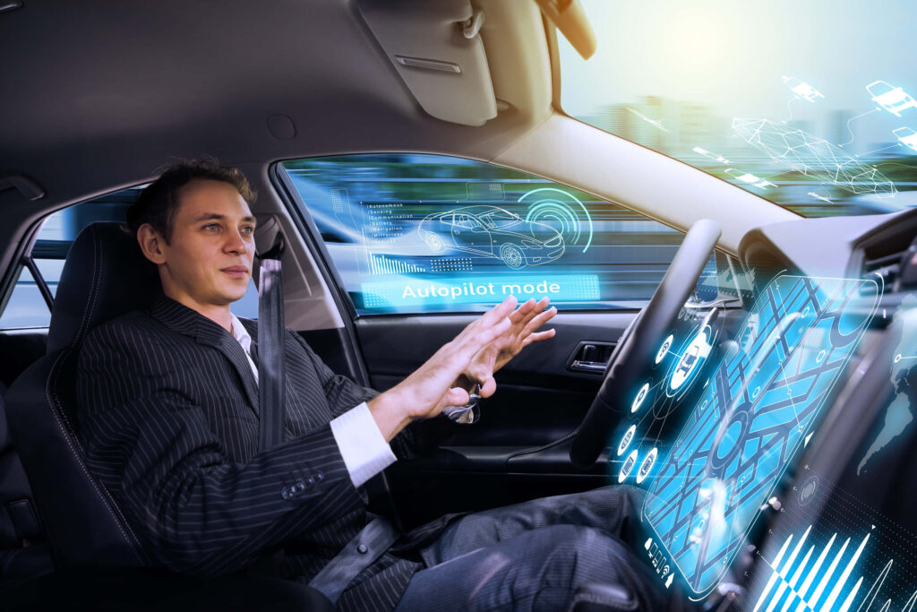 Futuristic Car with Advanced Autopilot & High-Tech Dashboard Wallpaper
