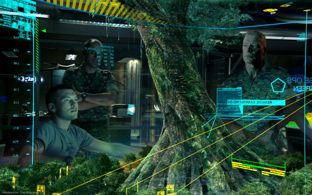 Futuristic Avatar Wallpaper: High-Tech Briefing & Nature Collision
