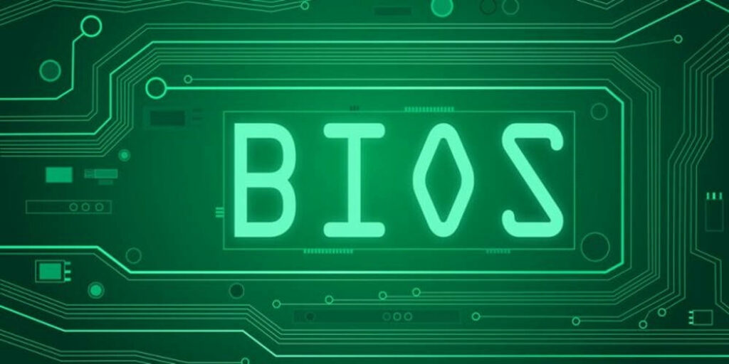 Futuristic Green BIOS Logo Wallpaper on Circuit Board Design