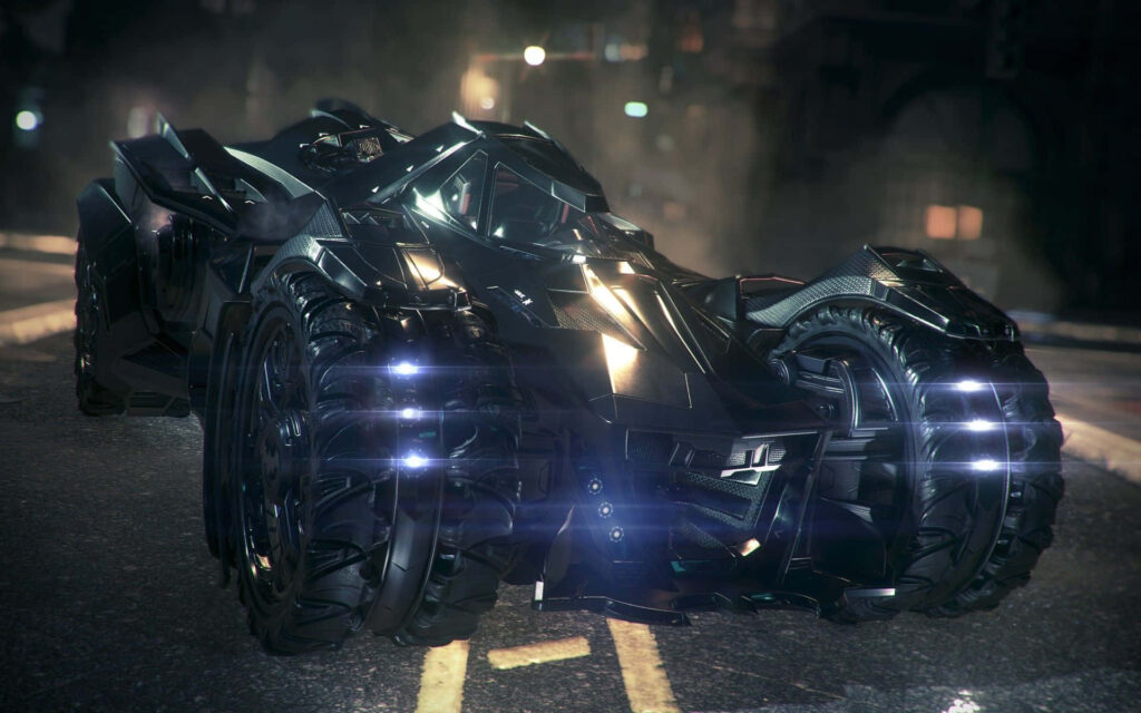 Futuristic Batman monster car with thick wheels and armored design on dark city street wallpaper