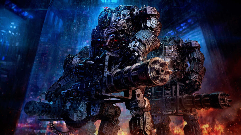 Futuristic Wallpaper: Imposing Battle Robots in Dark Fiery Atmosphere