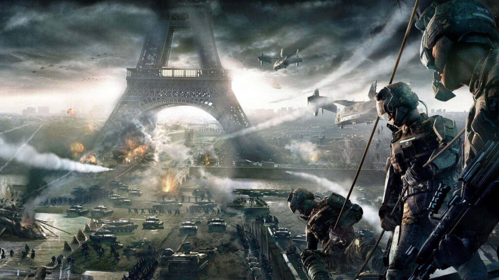 Futuristic Battle Near Eiffel Tower: Dystopian Soldiers in Combat Wallpaper
