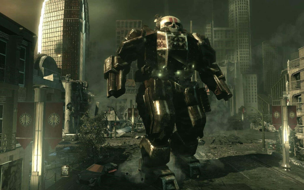 Towering BattleMech walks through smoke and rubble in futuristic BattleTech city warfare wallpaper