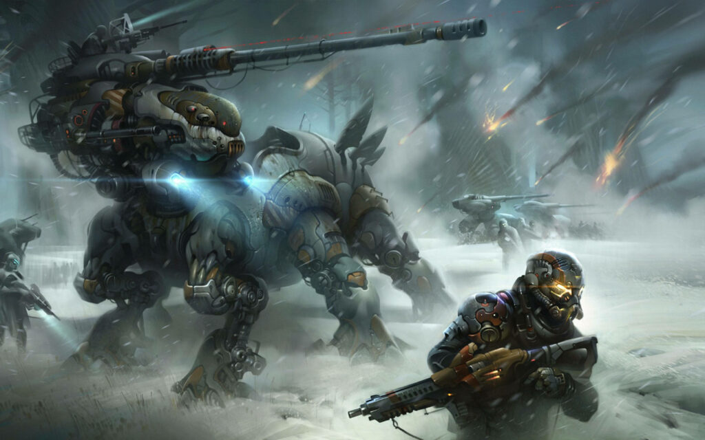 Futuristic Battlefield: Colossal War Machine in Snowy Combat Scene Wallpaper