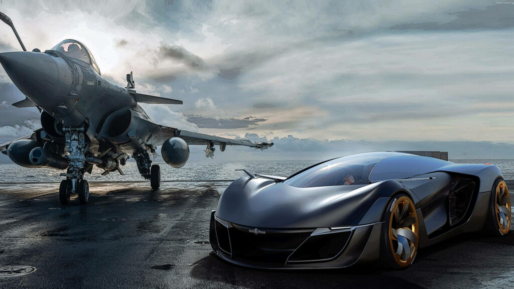 Futuristic black Bell and Ross supercar with gold rims on aircraft carrier beside fighter jet Wallpaper