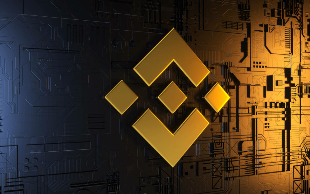Binance logo in gold on dark circuit board background futuristic cryptocurrency wallpaper