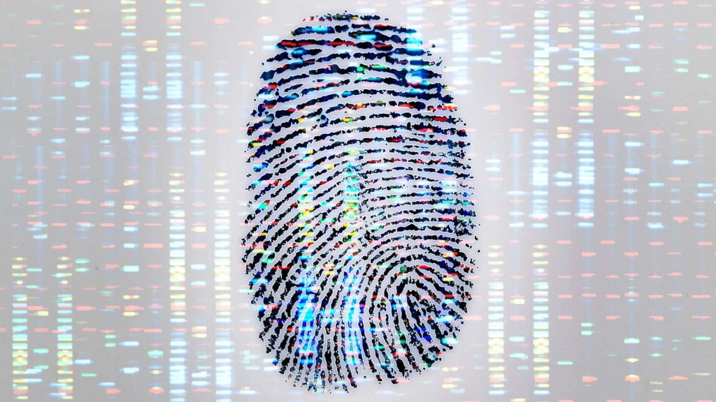 Futuristic digital wallpaper with vibrant glitch fingerprint and iridescent biometric data streams
