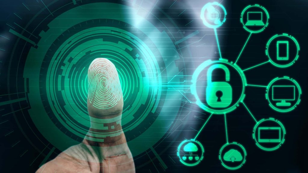 Futuristic biometric fingerprint scan with glowing padlock and network icons on dark teal interface Wallpaper