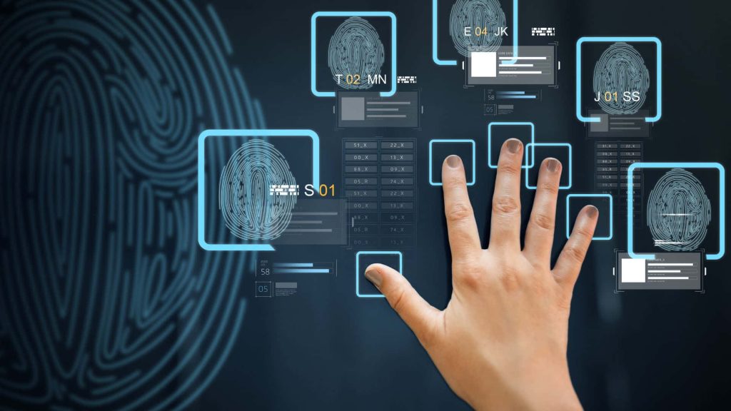 Human hand interacts with glowing cyan fingerprint interface digital identity cybersecurity wallpaper