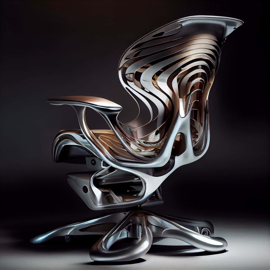 Futuristic biomorphic gaming chair wallpaper with sleek metallic silver bronze curves and dramatic lighting