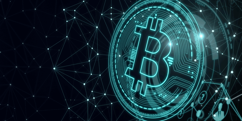 Glowing digital Bitcoin symbol with interconnected network lines representing cryptocurrency technology Wallpaper