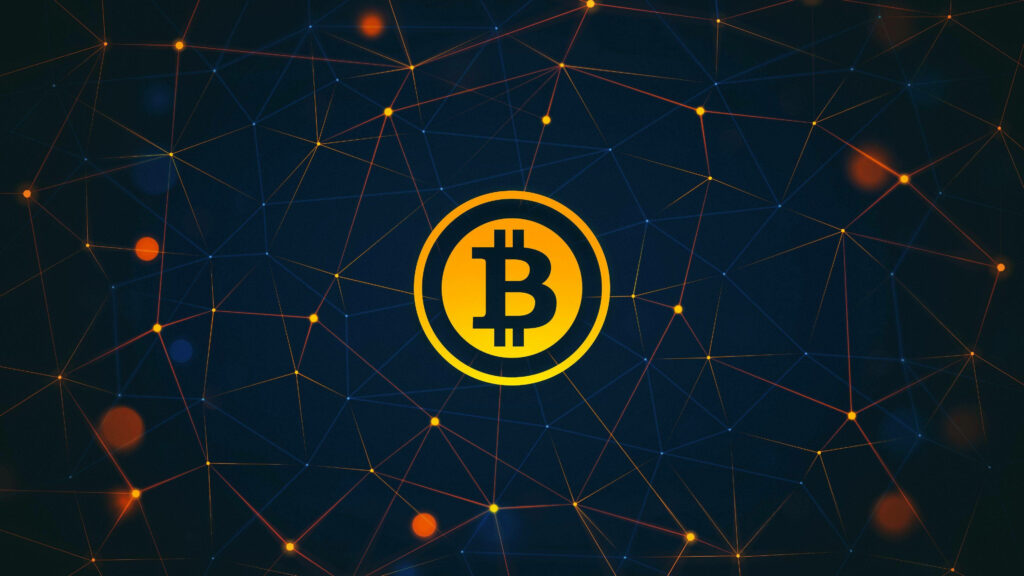 Bitcoin logo centered on glowing network nodes digital wallpaper showcasing blockchain technology