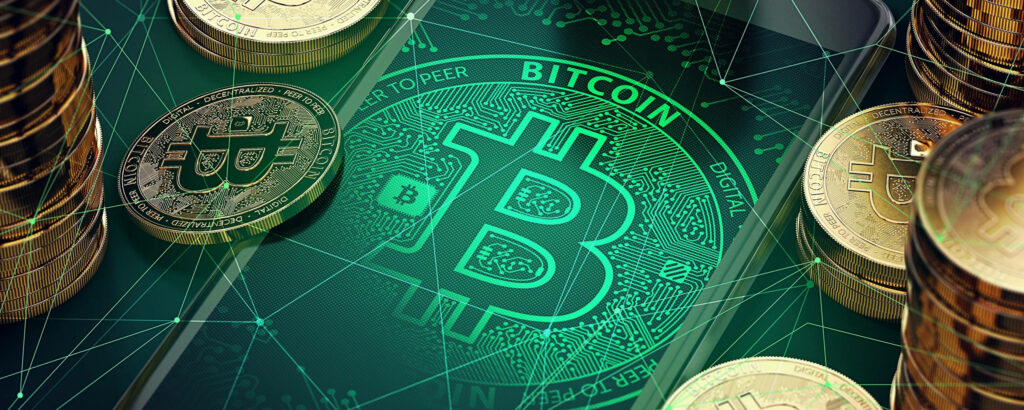 Glowing Bitcoin symbol on smartphone with gold coins and digital circuit crypto wallpaper background