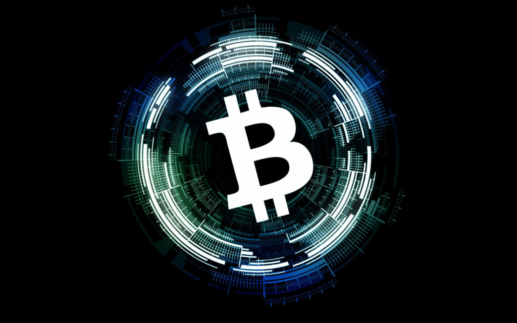 White Bitcoin symbol in glowing digital frame futuristic crypto background on dark backdrop Wallpaper