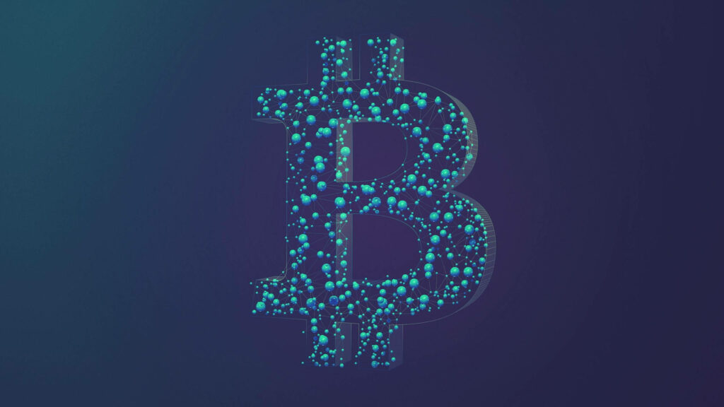 Futuristic Bitcoin symbol made of glowing blue spheres digital wallpaper crypto revolution background