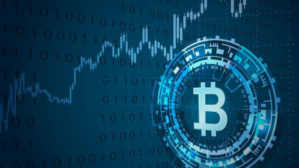 Futuristic Bitcoin symbol glowing with binary code and financial trend lines digital wallpaper