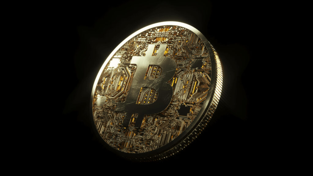 Gold Bitcoin with circuit patterns digital currency futuristic wallpaper background design