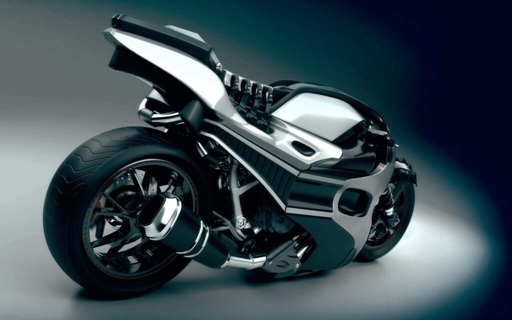 Futuristic Black and Silver Motorcycle Wallpaper in Dimly Lit Room