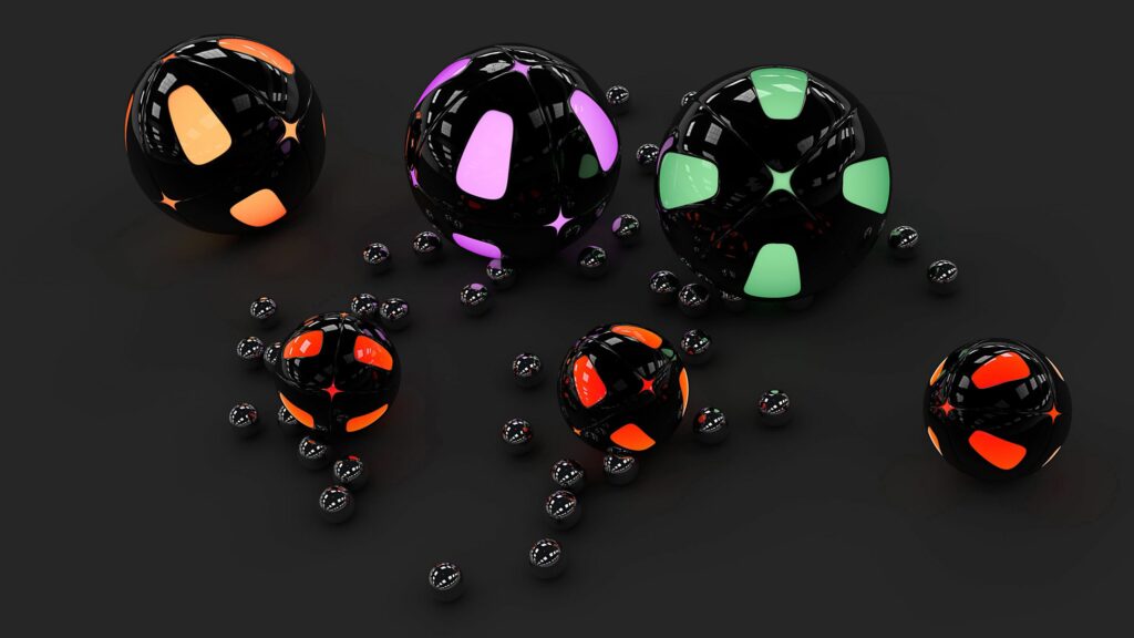 Futuristic Black Spheres Wallpaper: Neon Illumination on Gray Background