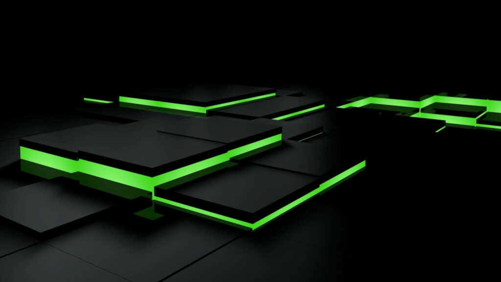 Futuristic Black Wallpaper with Green LED Geometric Design in 4K