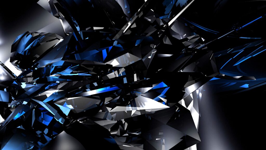 Abstract black and blue crystallized wallpaper with sharp angular shapes and reflective surfaces