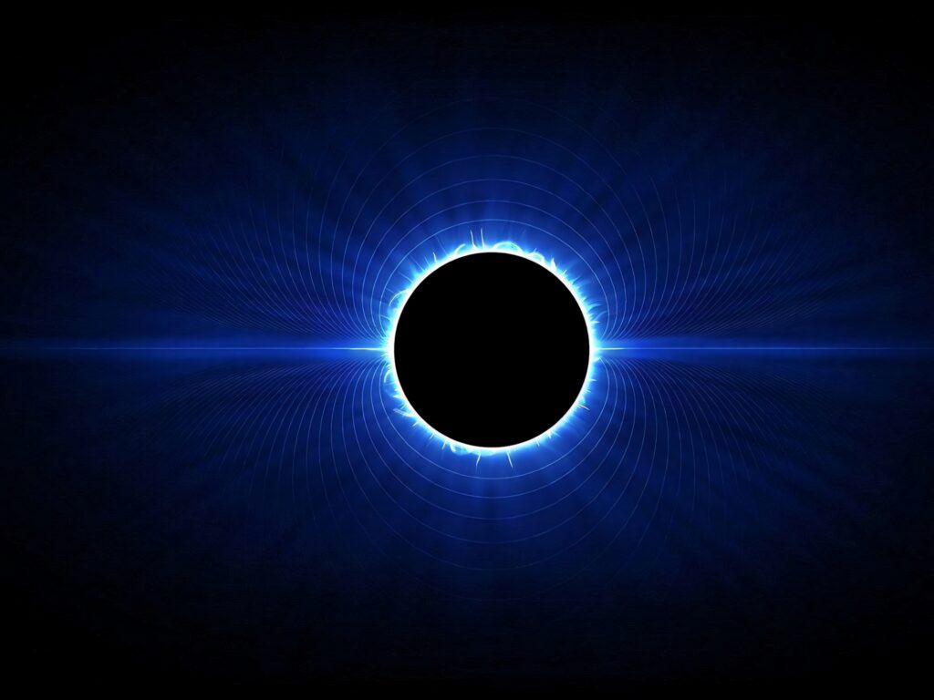 Futuristic digital wallpaper with blue and black eclipse glowing waves on dark background