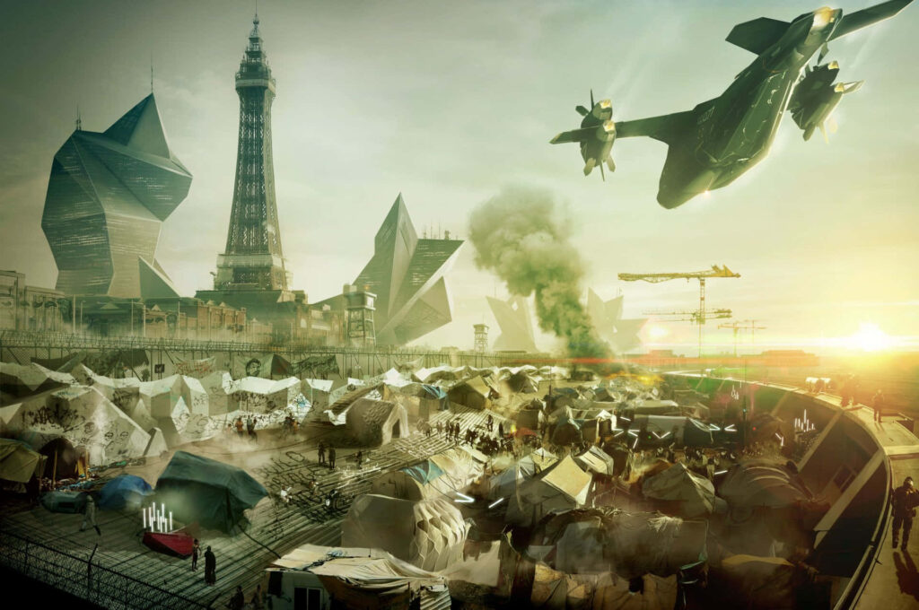 Futuristic Blackpool Tower Wallpaper: Dystopian Cityscape Art