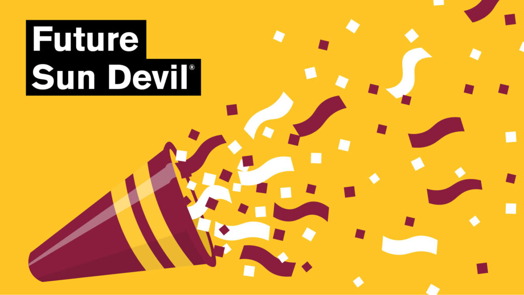 Festive Future Sun Devils: Vibrant ASU Landscape adorned with Violet and White Confetti against a Yellow Backdrop Wallpaper