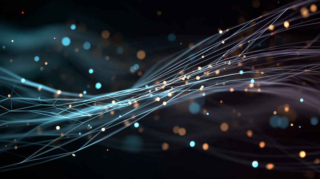 Abstract blockchain grid wallpaper with glowing cyan and gold orbs in futuristic digital network
