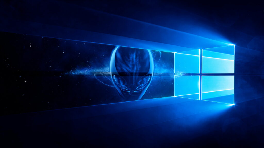 Futuristic Alienware Computer in HD 4K Blue Technology Background Photo with Windows 10 Wallpaper