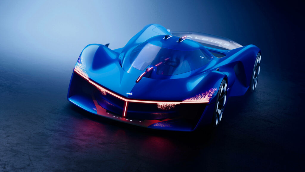 Futuristic blue Alpine car wallpaper with sharp aerodynamic lines and glowing LED accents