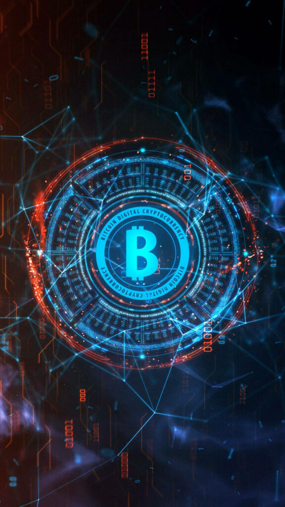 Glowing blue Bitcoin symbol with futuristic circuit patterns digital abstract cryptocurrency wallpaper