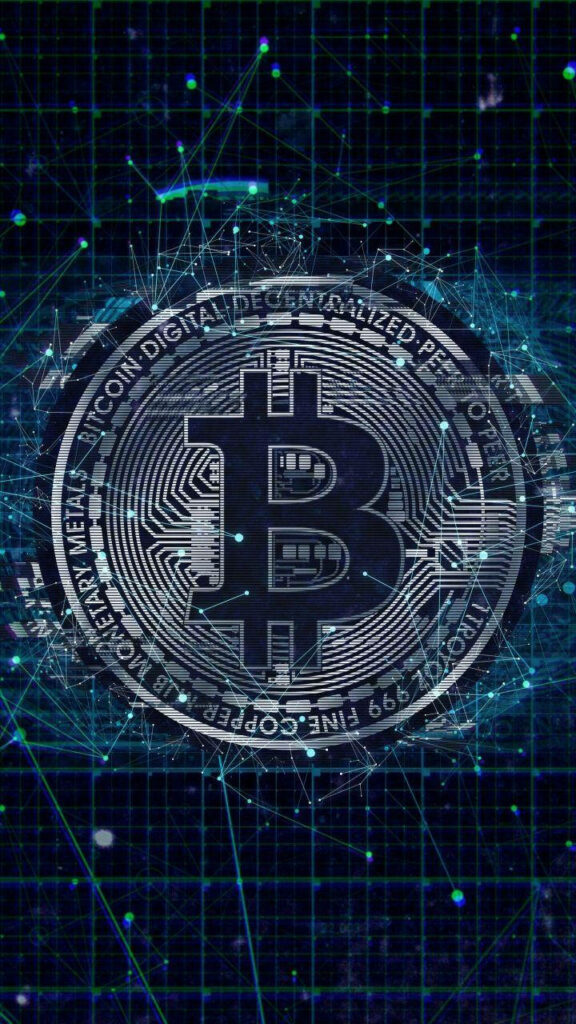 Futuristic blue Bitcoin symbol with intricate network graphics representing blockchain technology wallpaper