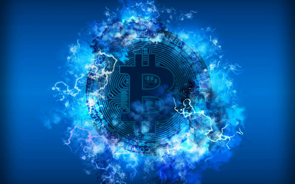 Vibrant blue Bitcoin symbol with dynamic lightning and smoky energy in futuristic crypto background Wallpaper