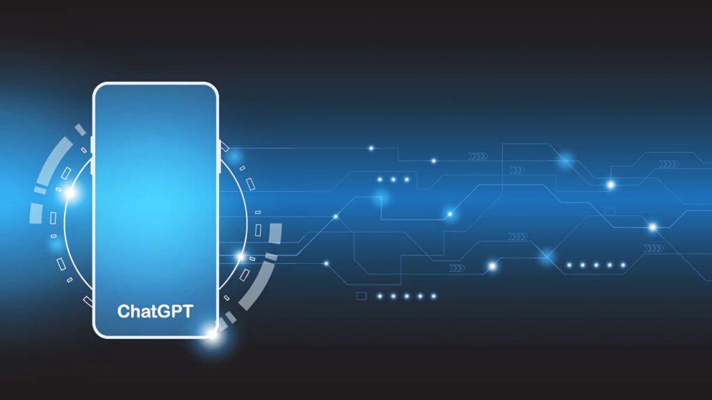 Futuristic digital wallpaper with glowing blue ChatGPT panel and circuit AI patterns on dark background