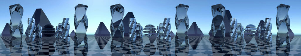 Abstract blue crystal chess pieces on reflective black and white checkered board wallpaper