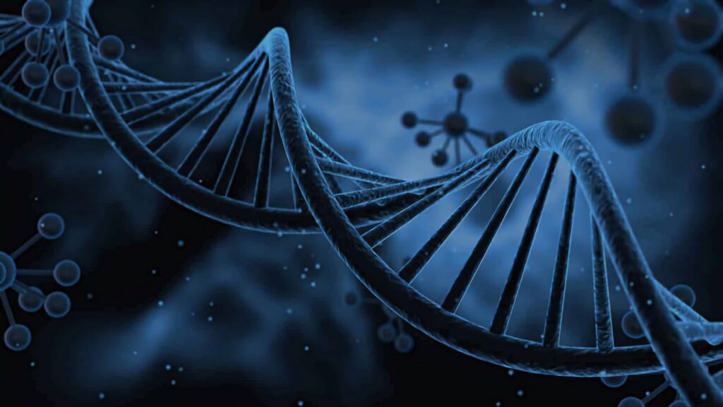 Close-up blue DNA double helix with abstract molecules scientific wallpaper background