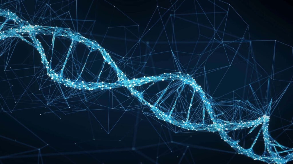 Glowing blue DNA double helix with digital lines on dark background science technology wallpaper
