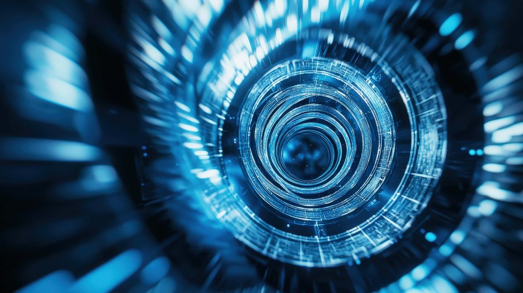Futuristic digital tunnel with vibrant blue rings and motion blur sci fi desktop background Wallpaper