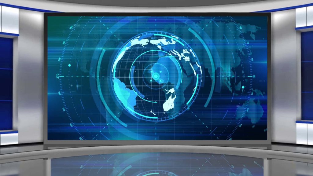 Futuristic news studio background with glowing blue digital world map and radar interface display Wallpaper