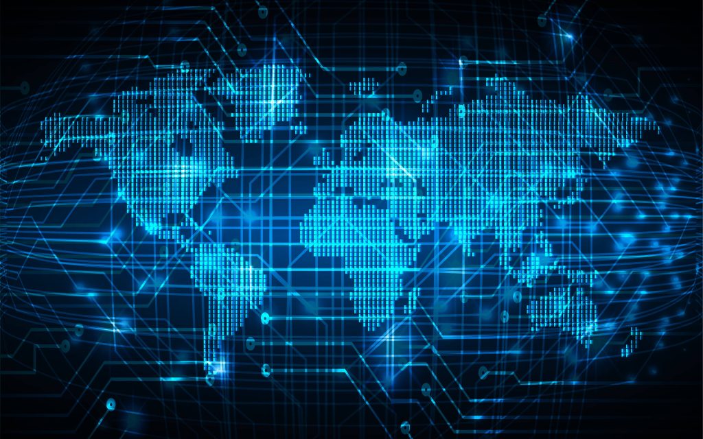 High-resolution blue digital world map with glowing cyan pixels and circuit board lines wallpaper