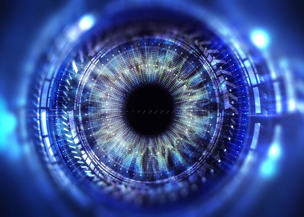 Futuristic Blue Human Eye Close-Up Wallpaper: Mesmerizing Digital Art