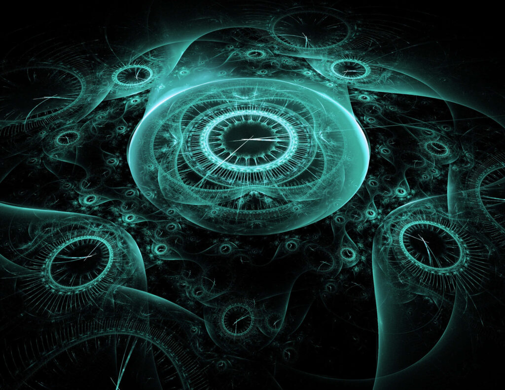 Futuristic blue glowing clock with translucent gears and fractal patterns digital time wallpaper