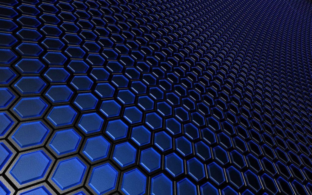 3D glossy blue hexagon tiles on textured black surface futuristic tech digital art background Wallpaper