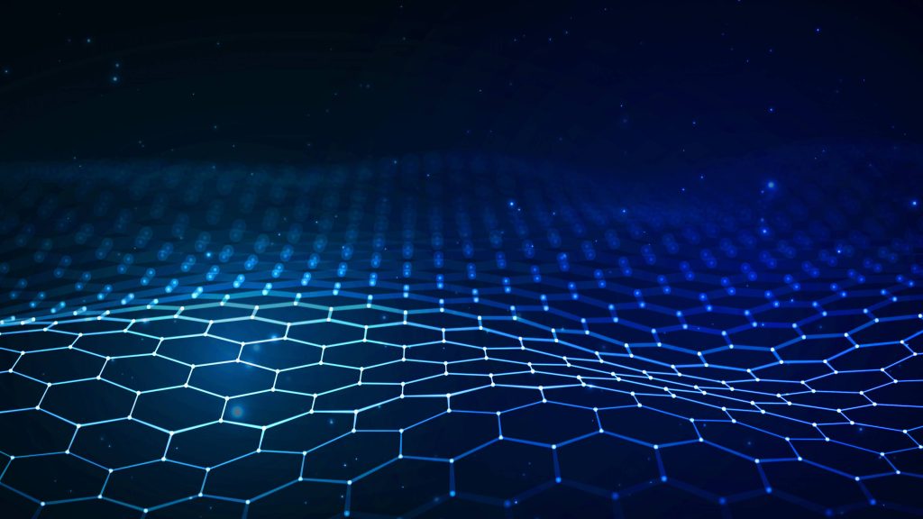 Futuristic glowing blue hexagonal grid wave digital art modern techno wallpaper background