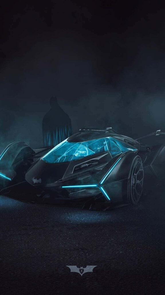 Futuristic blue-lit Batmobile with Batman in dark background transparent wallpaper design